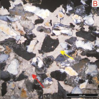 Fotos 46 A e B: Cimento carbonático do tipo poiquilotópico identificado em