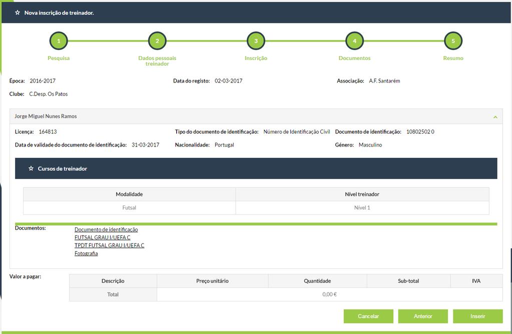 No passo 5 é disponibilizado um resumo de cada inscrição para que possa verificar se está tudo em conformidade.