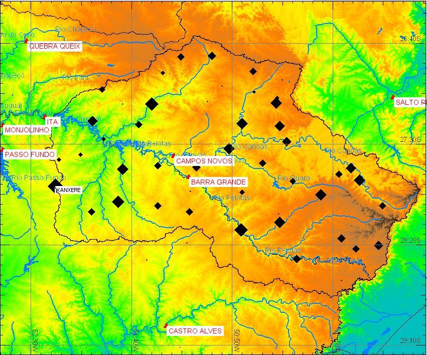 Figura 4.17. Bacia da UHE Itá na bacia do rio Uruguai. Losangos pretos localizam postos pluviométricos com dados consistidos na base de dados da ANA.
