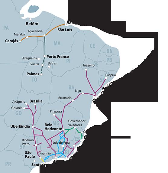 A Vale opera um sistema logístico formado por 10 mil km de malha ferroviária e 8 terminais portuários dedicados à carga geral de terceiros Legenda Estrada de