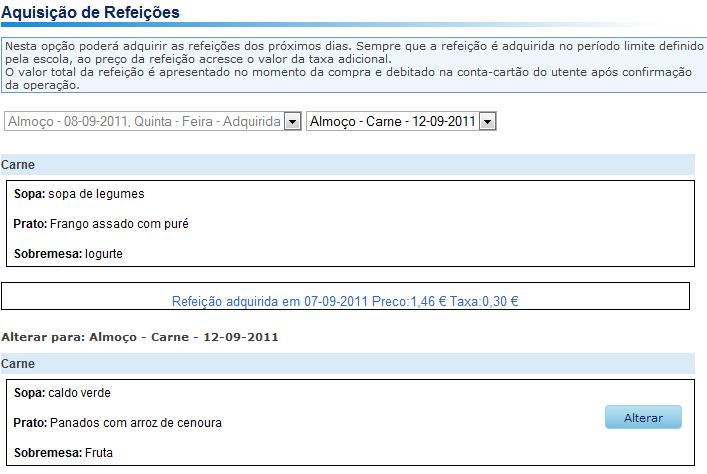 2.3. lteração da Refeição opção para quisição de Refeições permite a alteração da data do serviço da refeição para as refeições anteriormente adquiridas.