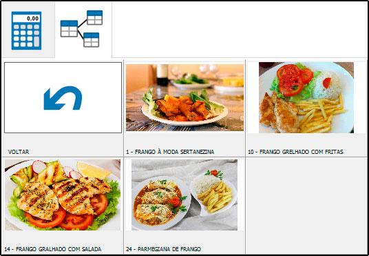 as imagens dos produtos, e o usuário poderá selecionar o produto clicando sobre a imagem dele: Ao incluir produtos do Tipo Pizzas ou Porções, aparecerá uma tela para