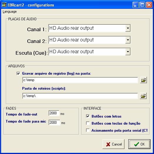 2) Na primeira vez, é necessário configurar: 2.1 Language: clique para mudar a linguagem. Selecione um arquivo com a extensão.lng.