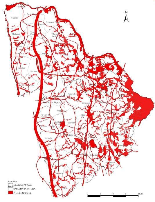 Figura 5.1- Áreas desfavoráveis para a implantação de um aterro do ponto de vista dos usos e regulamentos.