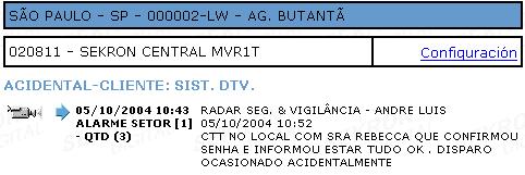 05/10/2004 08:49:22-08:54:56 BLOQUEIO TIMER 3 OPERADOR 9 05/10/2004 10:43:10-10:47:56 ALARME SETOR [1] 05/10/2004 10:53:11 SETOR