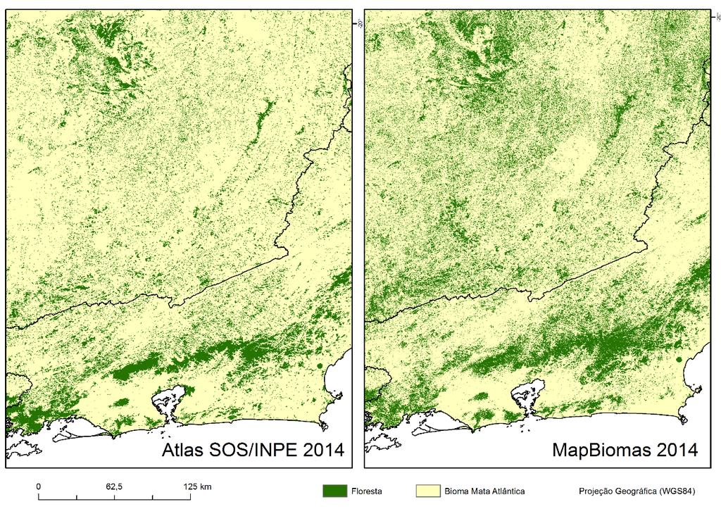 observar que existe grande consistência na localização das principais manchas de floresta, mas o MapBiomas possui um padrão mais
