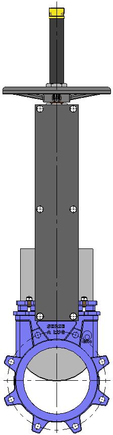 As variáveis de definição são: H1: distância do eixo da válvula à altura de accionamento desejada. d1: separação da parede até ao final do flange de ligação.