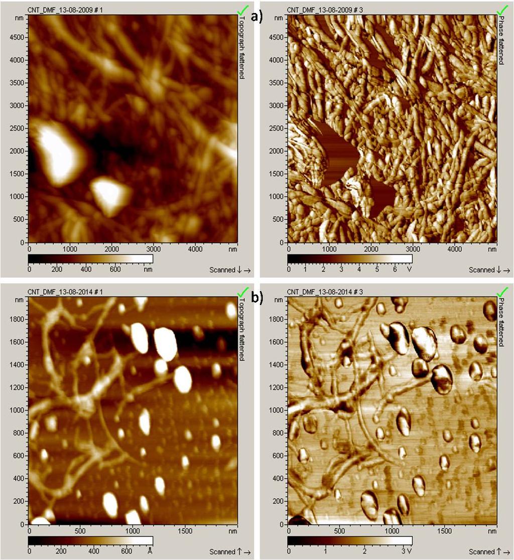 4. Resultados e discussão Fig. 0.23 - Nanotubos de Carbono caracterizados por AFM. Imagens topográfica (esq.) e de fase (drt.