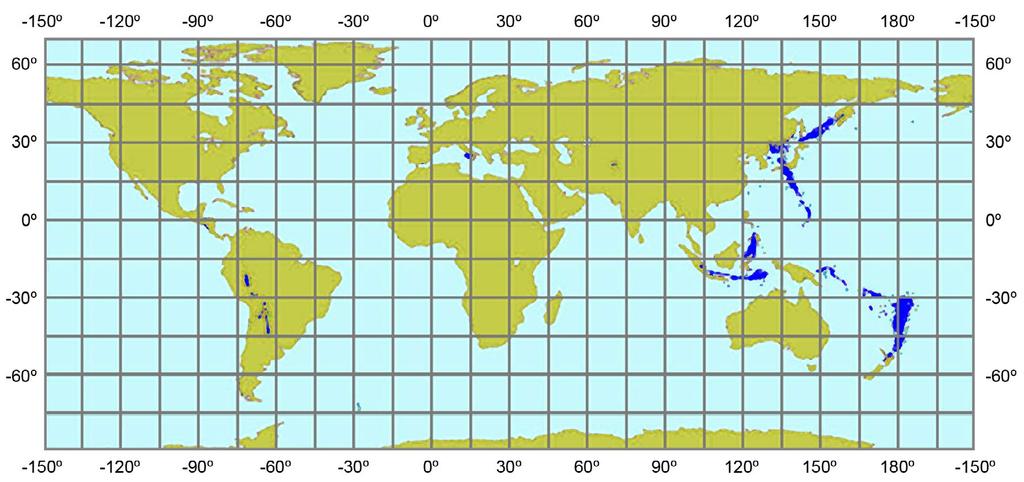 11: Distribuição geográfica dos epicentros de terremotos profundos.
