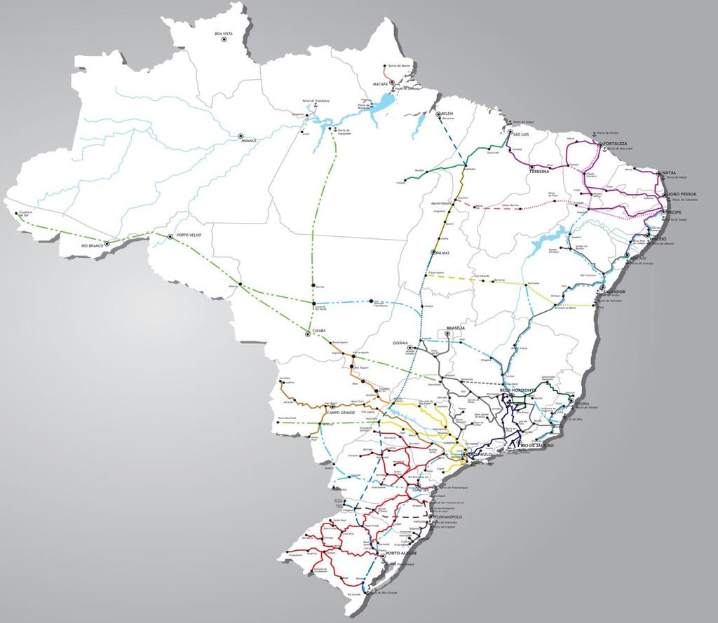 Mapa das ferrovias de carga Malhas ferroviárias concedidas à iniciativa privada Total = 27.