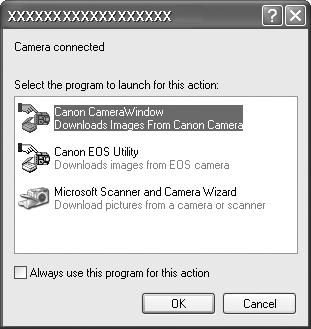 28 Transferir Imagens para um Computador Iniciação 4. Visualizar a CameraWindow. Windows 1. Seleccione [Canon CameraWindow] e clique em [OK].