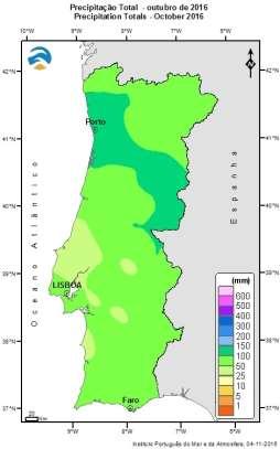 Figura 1 Distribuição espacial da precipitação total e respetiva percentagem em relação à média em outubro. 3. MONITORIZAÇÃO DA SITUAÇÃO DE SECA 3.