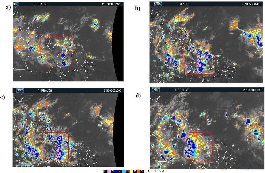 Figura 03- Imagens do satélite GOES -12 do dia 06/05/2010 no canal realçado: (a) 13 UTC; (b) 18 UTC; (c) 20 UTC; (d) 0 UTC. Fonte: CPTEC.