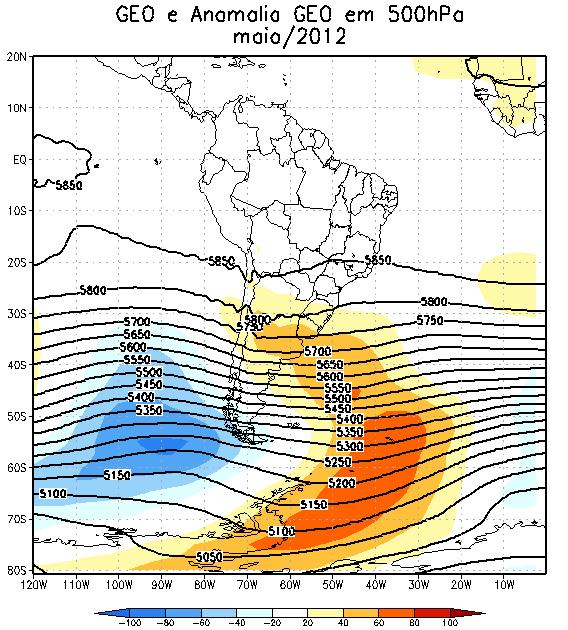 Figura 9: Linhas de corrente e anomalia da componente zonal do vento em 250 hpa para o mês de maio de 2012. 4.