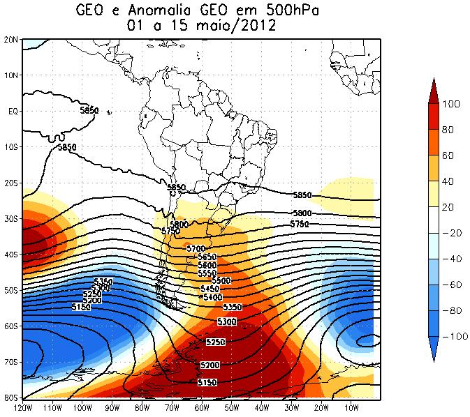 Figura 10: Altura geopotencial e anomalia de geopotencial em 500 hpa para o mês de maio de 2012. 4.