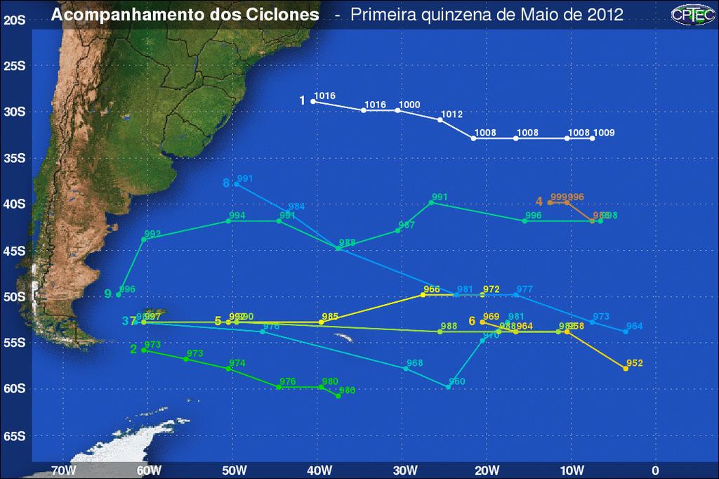 Argentina e o nono ciclone influenciou o tempo no litoral do Sudeste no dia 14 com uma frente fria (a terceira do mês).os demais ficaram concentrados entre 38S e 60S.
