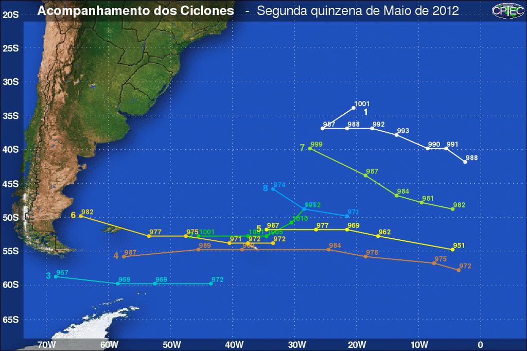 Figura 5b: Acompanhamento dos ciclones ocorridos durante a segunda quinzena do mês de maio de 2012. Em cada ponto está plotado o valor mínimo de pressão do ciclone (00 e 12Z). 3.