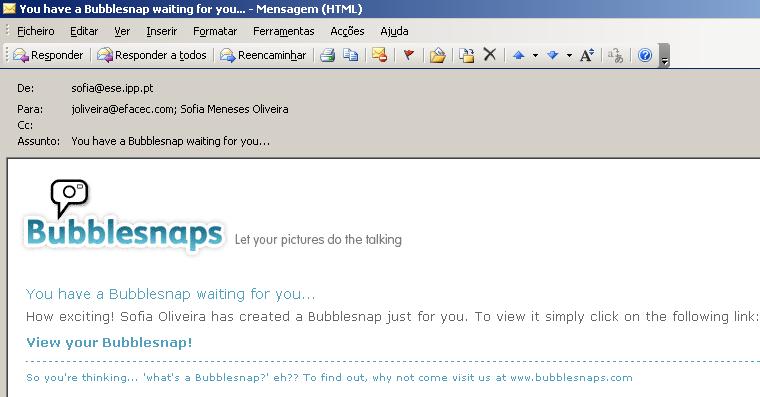 No fundo da página pode ver quem e quando lhe enviou e o título do Bubblesnap.