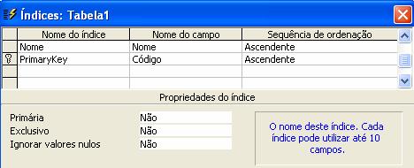 15. Crie um índice para o campo Nome. A figura seguinte ilustra a janela de índices para a tabela criada.