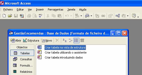 1. Inicie o programa Microsoft Access através do menu INICIAR. 2. Seleccione a opção abrir um ficheiro para abrir a base de dados criada na tarefa orientada n.º2 3.