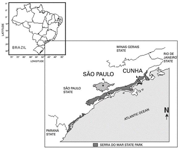 9 4. MATERIAL E MÉTODOS. A área de estudo localiza-se no Núcleo Cunha, Parque Estadual da Serra do Mar, município de Cunha, SP, Brasil (Fig. 2).