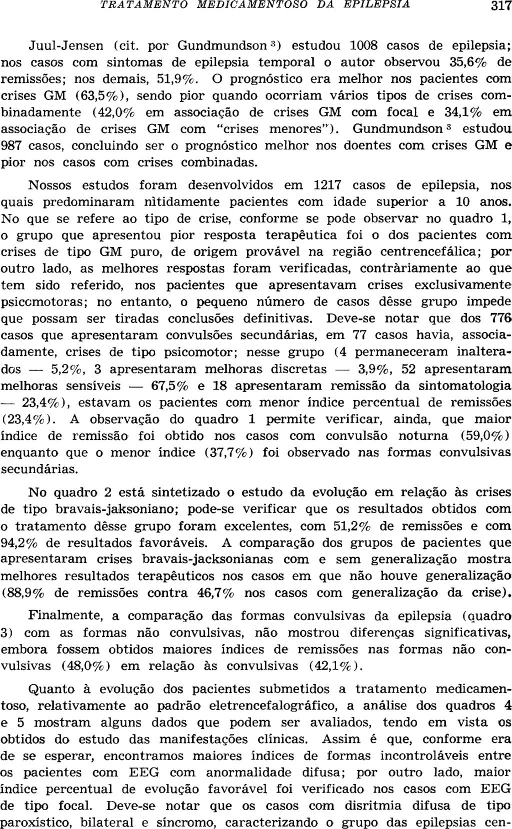 Juul-Jensen (cit. por Gundmundson 3 ) estudou 1008 casos de epilepsia; nos casos com sintomas de epilepsia temporal o autor observou 35,6% de remissões; nos demais, 51,9%.