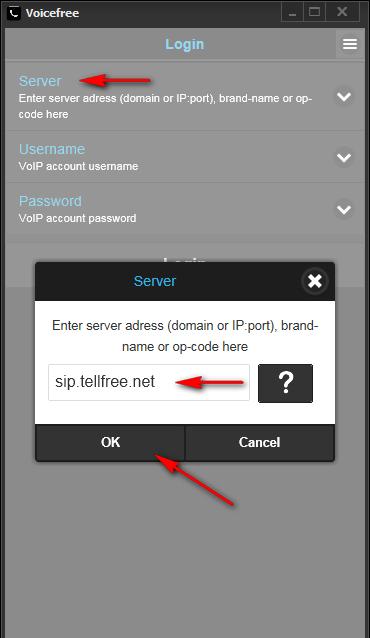 agora as telas, conforme ao lado, modificando o campo e após clicando em OK para continuar; Server: sip.tellfree.