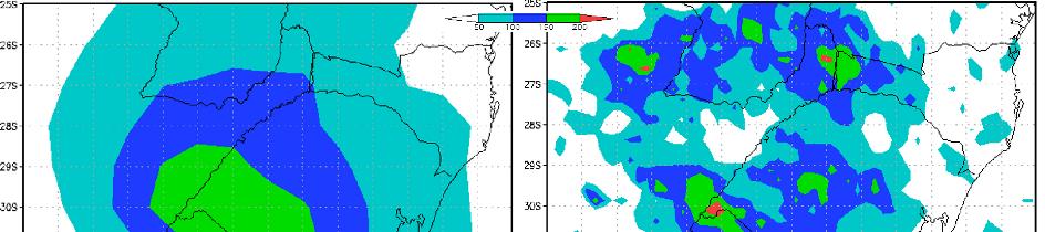 Observa-se que há uma faixa de precipitação superior a 150 mm que se estende ao longo da fronteira Brasil-Argentina-Uruguai (Figura 2a).