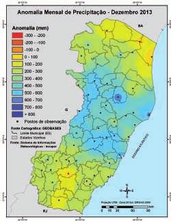 Anomalia de precipitação mensal acumulada em dezembro de 2013, no Espírito Santo, com base na climatologia 1931-2008 elaborada pelo Incaper.