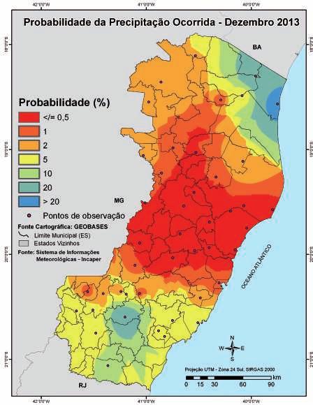 Figura 6. Precipitação anual acumulada em 2013, no Espírito Santo. Figura 7. Anomalia de precipitação anual acumulada em 2013, no Espírito Santo.