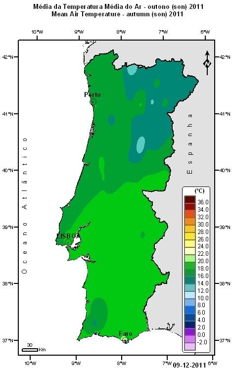 Na Figura 4 apresenta-se a distribuição espacial da temperatura média no outono de 2011 e os respetivos desvios em relação aos valores médios 1971-2000.