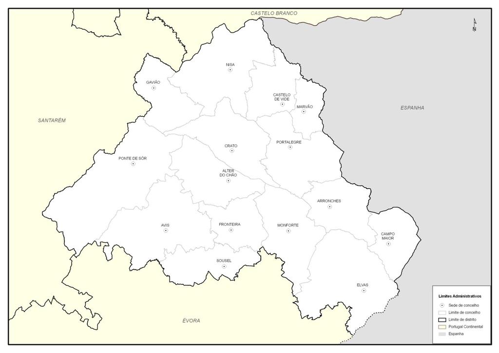 Figura 1- Divisão administrativa do distrito de Portalegre por concelhos (fonte: CAOP - DGT, 2013) O diretor do Plano é o membro do governo responsável pela área da protecção civil, com possibilidade
