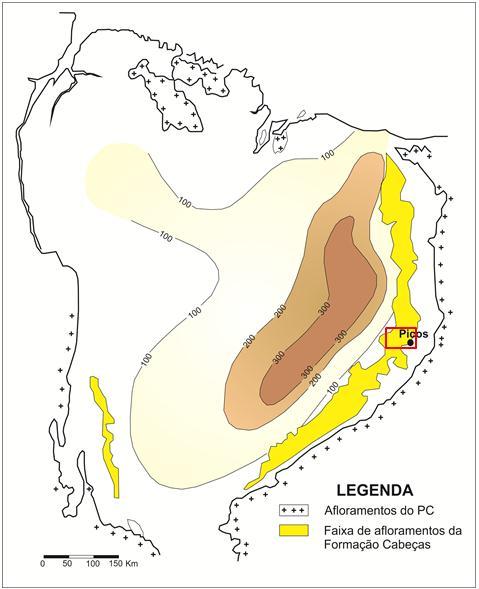 20 O preenchimento sedimentar da bacia na época de deposição da Formação Cabeças esteve condicionado a dois eixos deposicionais, um na direção NE-SW e o outro na direção NW-SE, estes coincidindo com