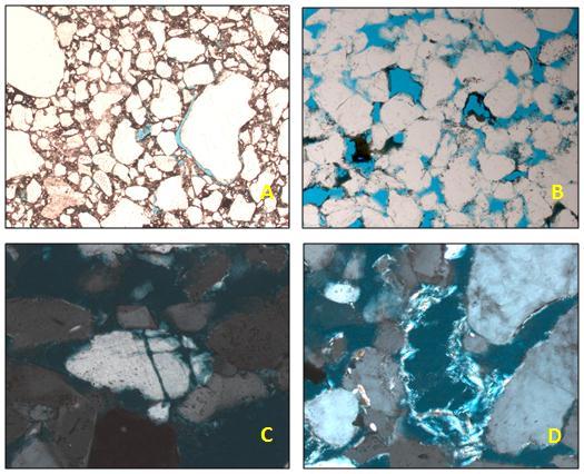 75 Figura 37 (A) Porosidade por encolhimento em diamictito (5x). (B) Grão de feldspato totalmente dissolvido, (C) Porosidade por fratura em grão de K-feldspato (20x).