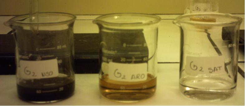 43 Figura 14: Frações de Hidrocarbonetos Saturados, Aromáticos e NSOs separadas após o fim da Cromatografia Líquida. Figura 15: Exemplo de Cromatografia Líquida (BALBINOT, 2008) 4.6.