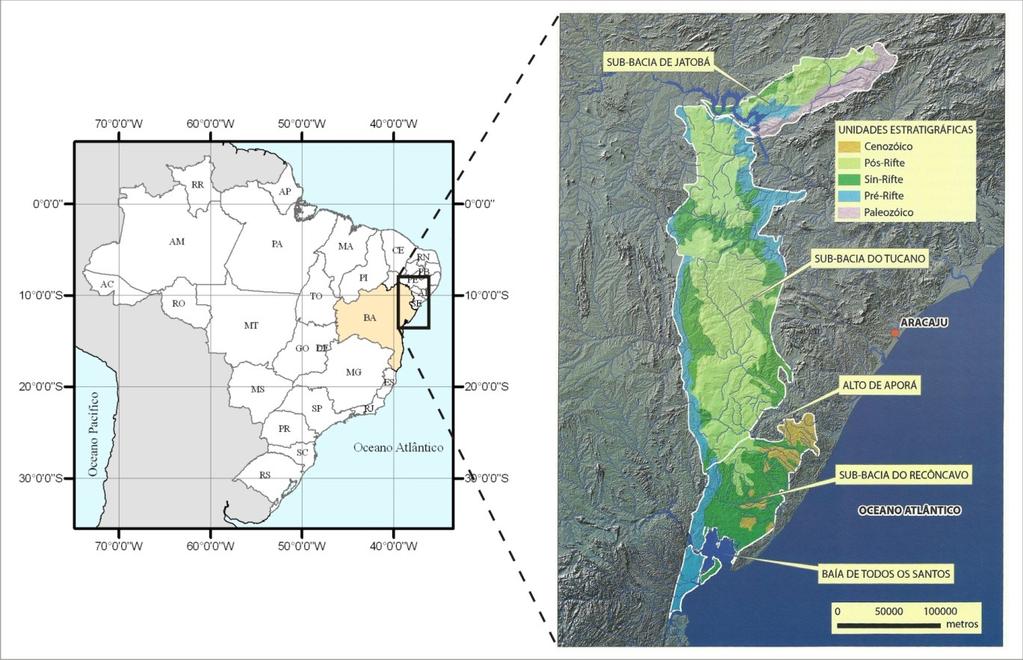 15 CAPÍTULO 2 - GEOLOGIA REGIONAL 2.1. A BACIA DO RECÔNCAVO A Bacia do Recôncavo está inserida no sistema de riftes do Recôncavo-Tucano-Jatobá, situado na Região Nordeste do Brasil, nos estados da