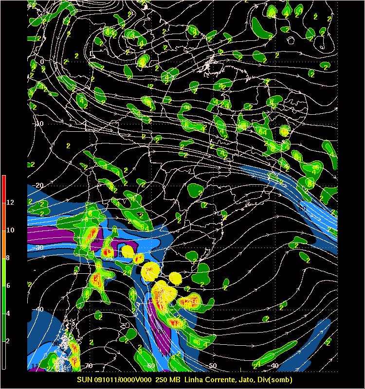 Figura 01 Análise dos campos de linha de corrente, Jato e Divergência no nível de 250 hpa no dia 11/10/20009 às 00Z.