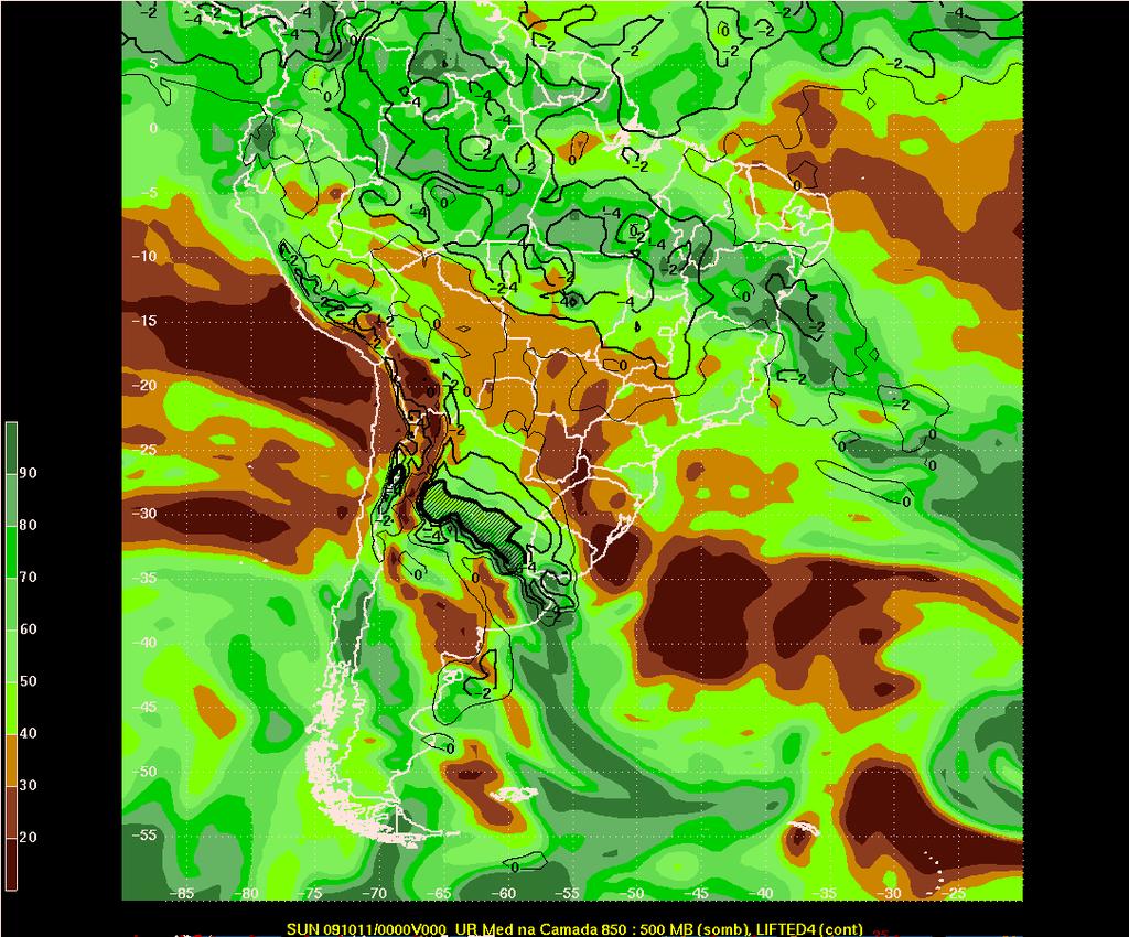 Figura 04 Análise dos campos de umidade relativa média (URM) na camada 850/500 hpa (color) e LIFTED (linha) no dia 11/10/20009 às 00Z.