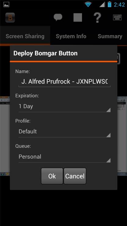 Adicione um Bomgar Button ao Computador remoto a partir do Console de Suporte Técnico com Android Durante uma sessão, você pode implementar um Bomgar Button no computador remoto, fornecendo um método