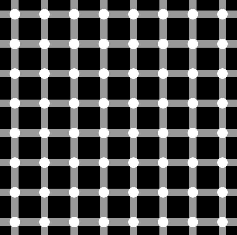 Passe os olhos pela imagem e veja os pontos cinza nas intersecções. Os pontos cinza não estão ali.