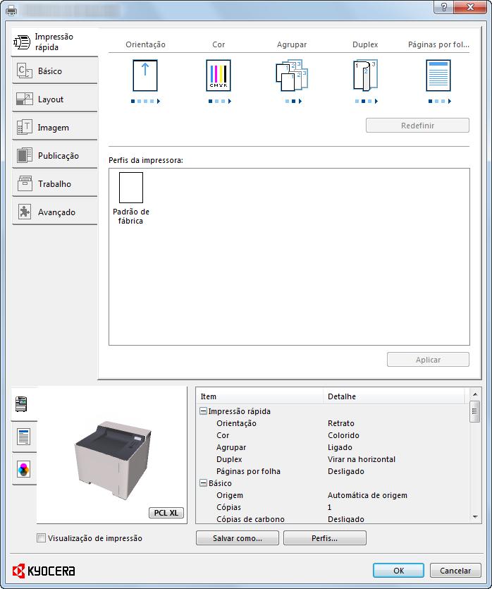 Imprimindo a partir do PC > Tela de configurações de impressão do driver da impressora Tela de configurações de impressão do driver da impressora As configurações de impressão do driver da impressora