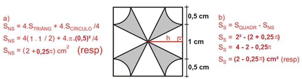 cada raio mede 0,5 cm, pedem-se: A) a área não sombreada do quadrado; B) a área da região sombreada R. 7.