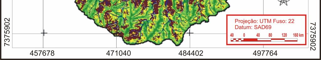 Segundo a classificação de Valério Filho (1996), da área total de 1040 Km² (ver Figura 3), 25,83% possui forte potencial natural de erosividade laminar e 28,16% possui fraco potencial.