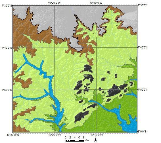 p. 006-007 Figura 5 Mapa Geomorfológico da Folha Ouricuri. Morro testemunho Relevos residuais de topo plano, limitado por escarpas íngremes, resultante do recuo pela erosão do planalto do Araripe.