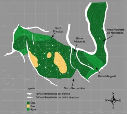 4.4 Geologia Local Neste capítulo aborda-se uma caracterização geológica do Campo de Namorado. Nele, houve uma explicação dos aspectos estruturais e estratigráficos do campo. 4.4.1 Aspectos Estruturais O Campo de Namorado é subdividido em quatro blocos estruturais denominados de: principal, adjacente, marginal e secundário.