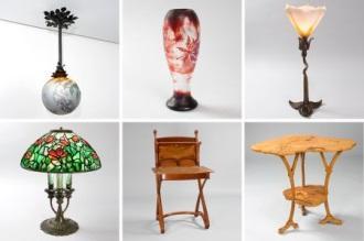 Luminárias e vaso de Emile Gallé (3 imagens superiores),