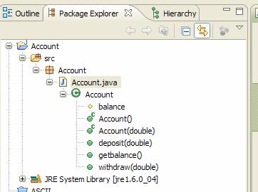 Para tal seleccione o pacote criado e pressione o icon new Java class da toolbar. De nome a class e pressione finish. Verifique que foi criado o ficheiro Account.