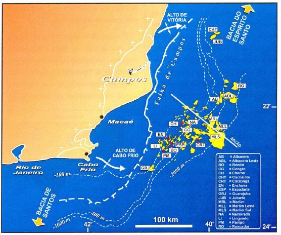 3 ÁREA DE ESTUDO A Bacia de Campos encontra-se no litoral do Estado do Rio de Janeiro, entre os paralelos 21 e 24 de latitude sul, na margem Leste da Plataforma Continental Brasileira.