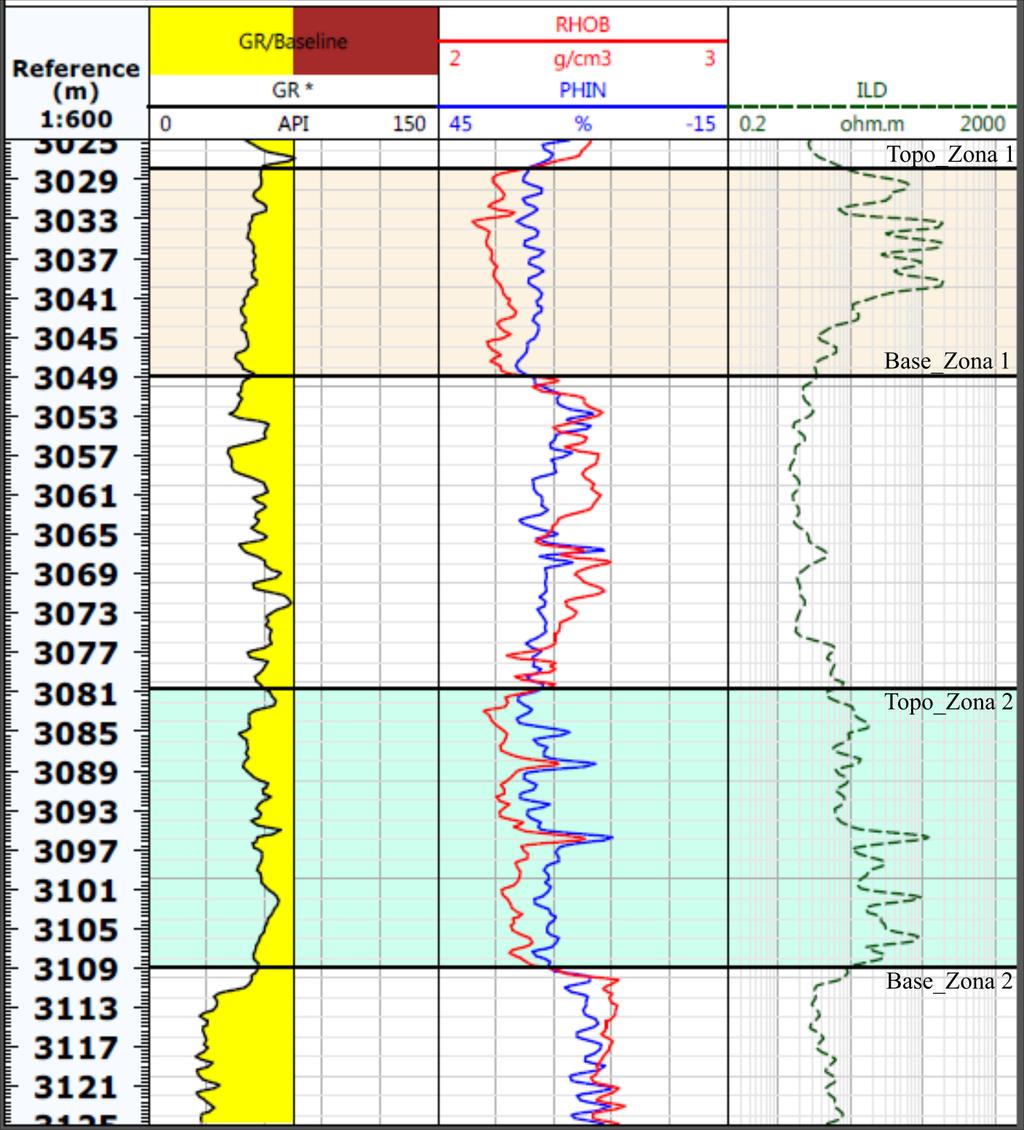 Como ilustrado na Figura 5-2, no poço NA-01 a zona com potencial para reservatório foi delimitada entre 3036 e 3105 m, aproximadamente.
