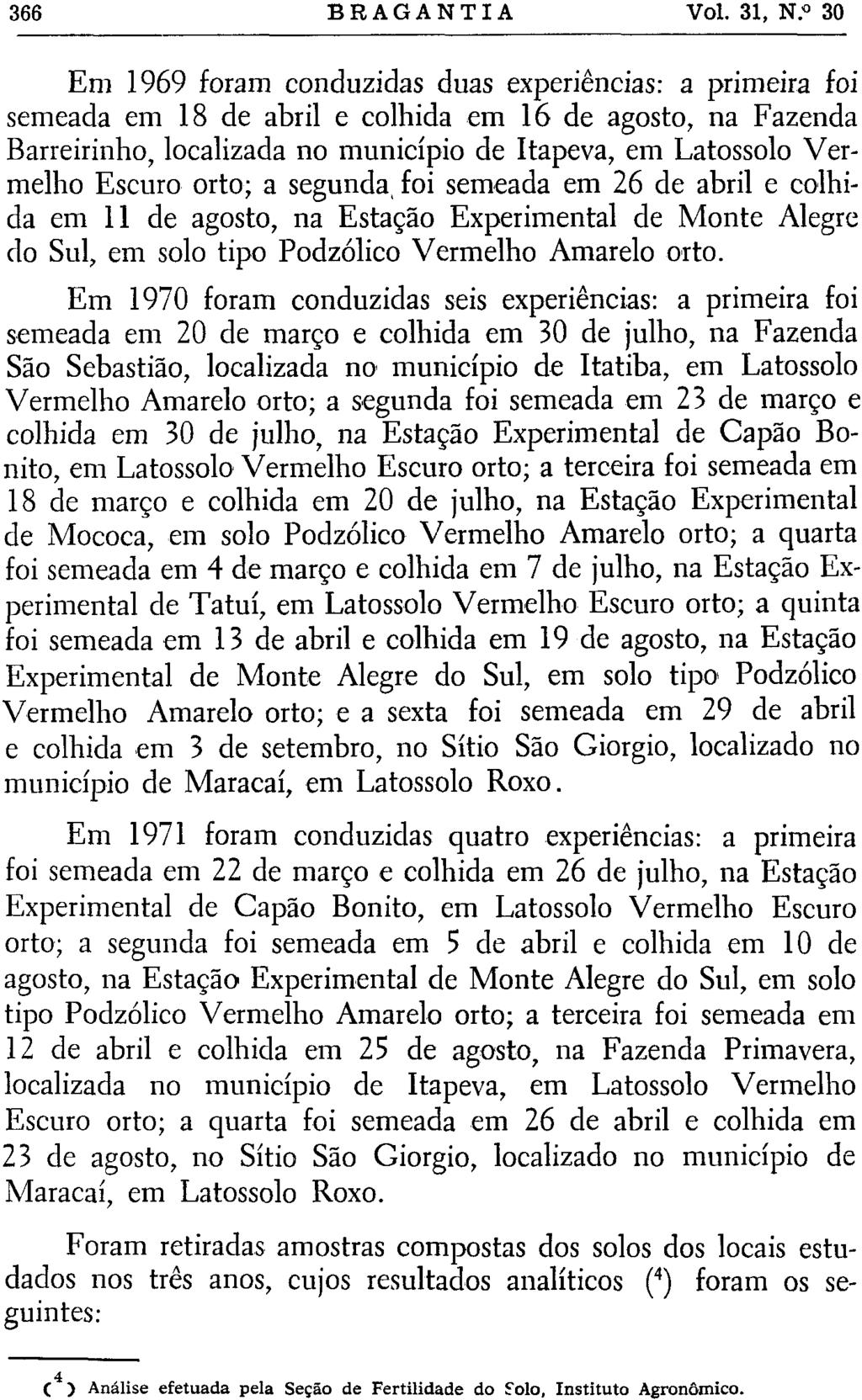 Em 1969 foram conduzidas duas experiências: a primeira foi semeada em 18 de abril e colhida em 16 de agosto, na Fazenda Barreirinho, localizada no município de Itapeva, em Latossolo Vermelho Escuro